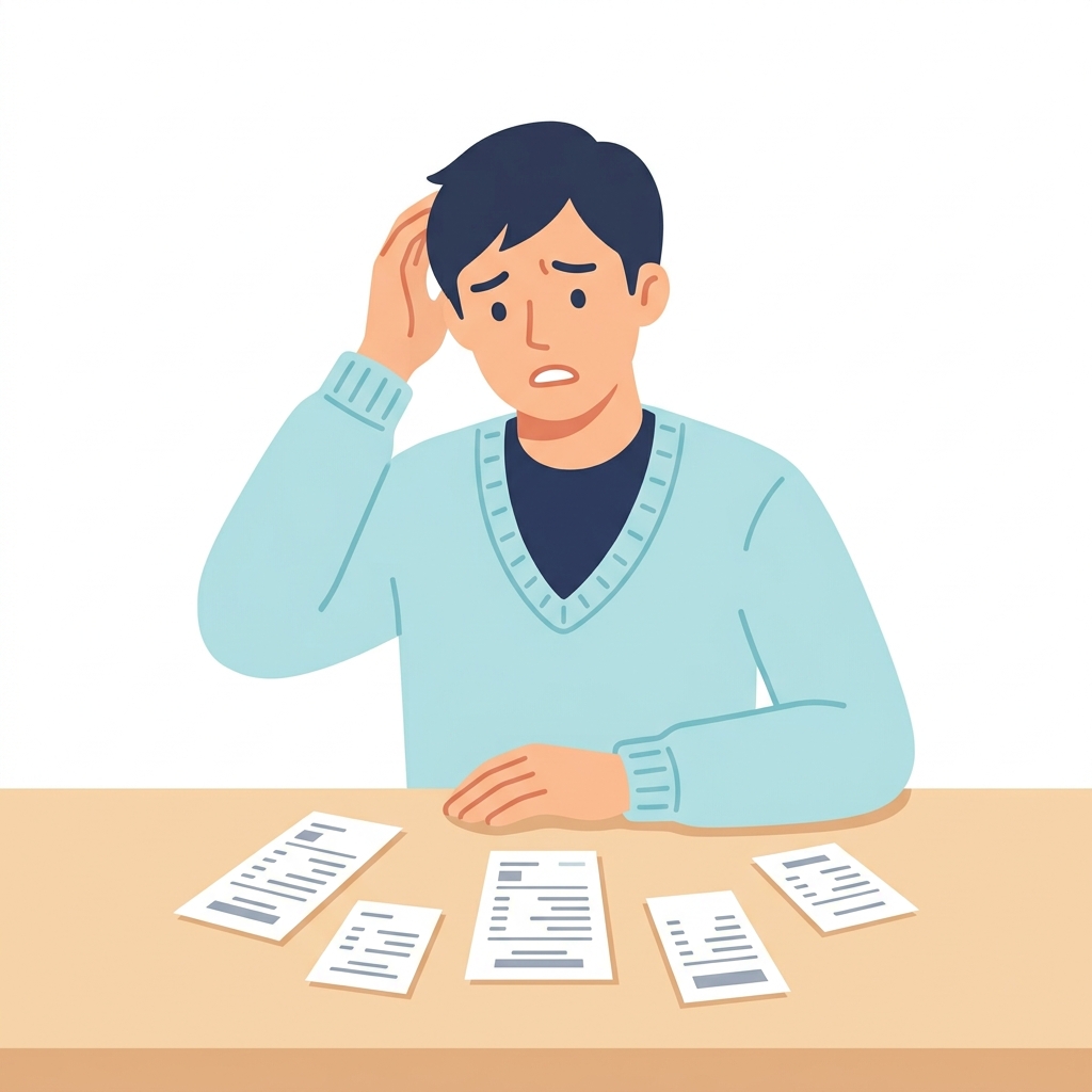 領収書や確定申告の書類を前に困っている個人事業主のイラスト